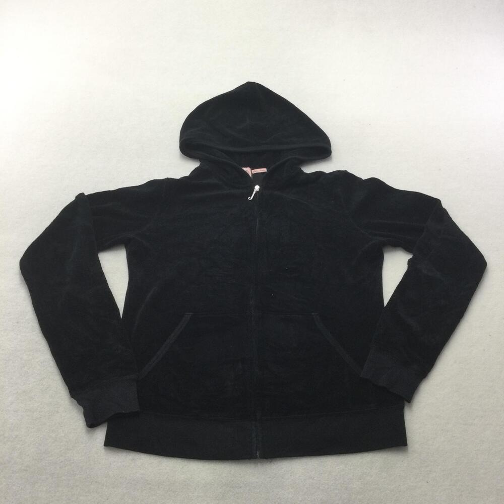 Juicy Couture Hoodie Womens Large Black Velour Full Zip Casual Sweatshirt